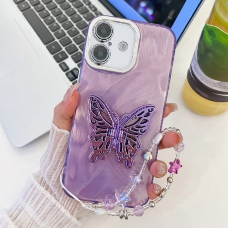 Противоударный чехол Plating Glitter Lens Film Texture Butterfly Holder Wristband для iPhone 16 Plus - Purple Feather Yarn