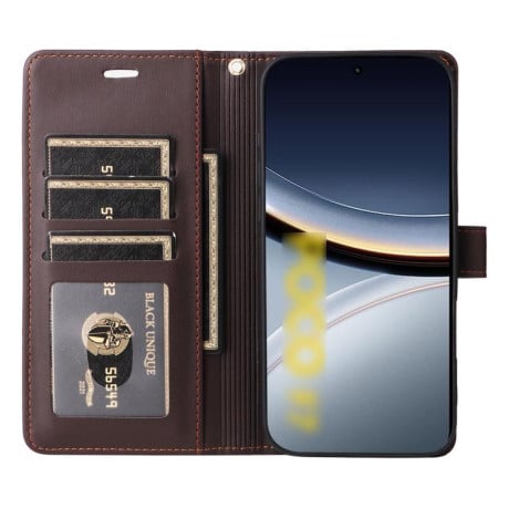 Чехол-книжка Six Card Slots Buckle Leather with Lanyard на на Xiaomi Poco F7 / Xiaomi Redmi Turbo 4 Pro - кофейный