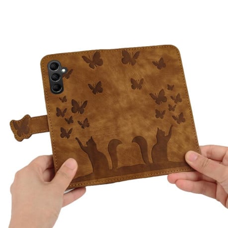 Чохол-книжка з тисненням Butterfly Cat м'яка фактура з магнітним хлястиком на Samsung Galaxy S25 FE 5G - коричневий