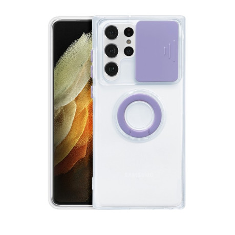 Противоударный чехол Sliding Camera with Ring Holder для Samsung Galaxy S22 Ultra 5G - прозрачно- фиолетовый