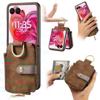 Чехол Cross Leather Ring Vertical Zipper Wallet для Motorola Razr 60 Ultra - коричневий