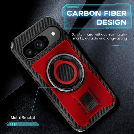 Противоударный чехол Ring Holder Carbon Fiber PC Hybrid TPU для Google Pixel 9 / 9 Pro - красный