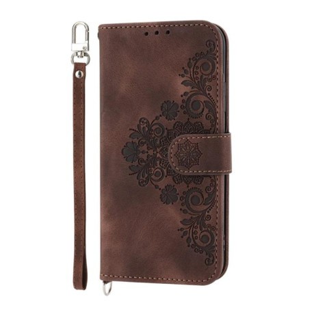 Чехол-книжка Skin-feel Flowers Embossed для Xiaomi Poco F7 - коричневый