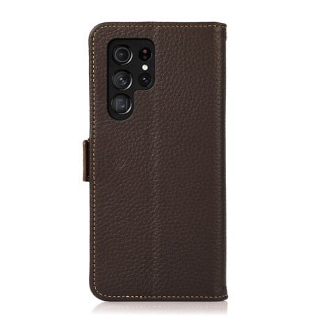 Кожаный чехол-книжка KHAZNEH Genuine Leather RFID для  Samsung Galaxy S22 Ultra 5G - коричневый