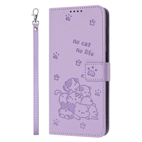 Чехол-книжка Embossed Kitten Phone Leather Case with Lanyard для Realme 13 Pro 5G - фиолетовый