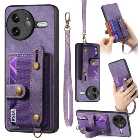 Противоударный чехол Retro Cross Wristband Wallet Leather для Xiaomi Poco F7 Ultra - фиолетовый
