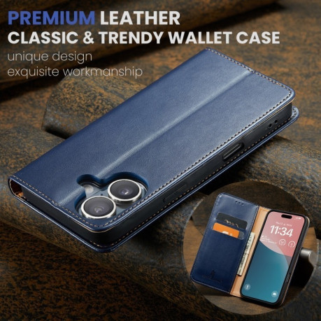 Кожаный чехол-книжка Fierre Shann Genuine leather для iPhone 16 Plus - синий