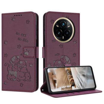 Чехол-книжка Embossed Kitten Phone Leather для Realme 14 Pro+ - винно-красный
