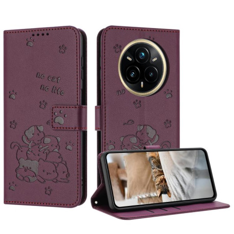 Чохол-книжка Embossed Kitten Phone Leather для Realme 14 Pro+ - винно-червоний