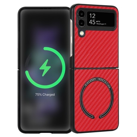 Противоударный чехол Carbon Fiber Texture MagSafe для Samsung Galaxy Flip4 - красный