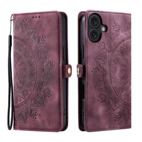 Чохол-книжка Totem Embossed Magnetic Leather для iPhone 16 - винно-червоний