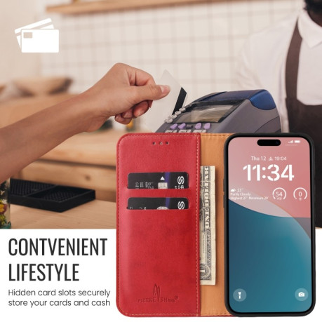 Кожаный чехол-книжка Fierre Shann Genuine leather для iPhone 16 Pro - красный