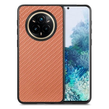 Противоударный чехол Carbon Fiber Texture Leather для Realme 14 Pro+ - коричневый