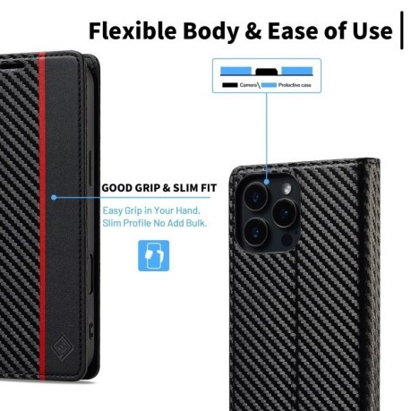Чохол-книжка LCIMEEKE Carbon Fiber для iPhone 16 Pro Max - Black