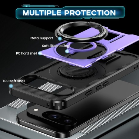 Противоударный чехол Ring Holder Carbon Fiber PC Hybrid TPU для Google Pixel 9 / 9 Pro - фиолетовый