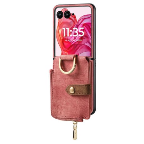 Чехол Cross Leather Ring Vertical Zipper Wallet для Motorola Razr 60 Ultra - розовый