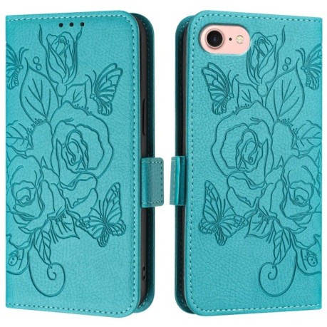 Чехол-книжка Embossed Rose RFID Anti-theft Leather для iPhone 16e - голубой