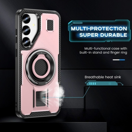 Противоударный чехол Ring Holder Carbon Fiber PC Hybrid TPU для Samsung Galaxy S25+ 5G - розовое золото