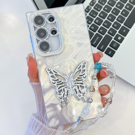 Протиударний чохол Plating Glitter Lens Film Texture Butterfly Holder Wristband  для Samsung Galaxy S25 Ultra 5G - White Feathers