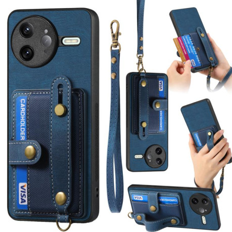Противоударный чехол Retro Cross Wristband Wallet Leather для Xiaomi Poco F7 Ultra - синий