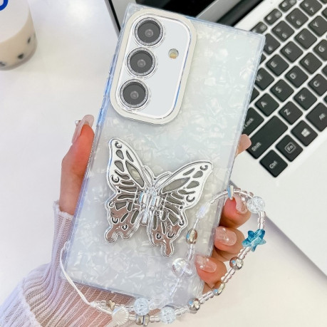 Противоударный чехол Plating Glitter Lens Film Texture Butterfly Holder Wristband для Samsung Galaxy S25 5G - White Shell Pattern