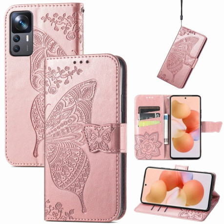 Чехол-книжка Butterfly Love Flower Embossed на Xiaomi 12T / 12T Pro / Redmi K50 - розовое золото