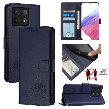 Чехол-книжка Cat Embossing Pattern на Xiaomi 14T Pro 5G - синий