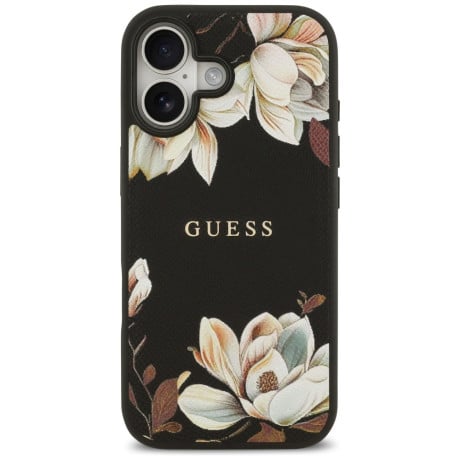 Оригинальный чехол Guess Grained Flowers Classic Logo с MagSafe на iPhone 17 - black