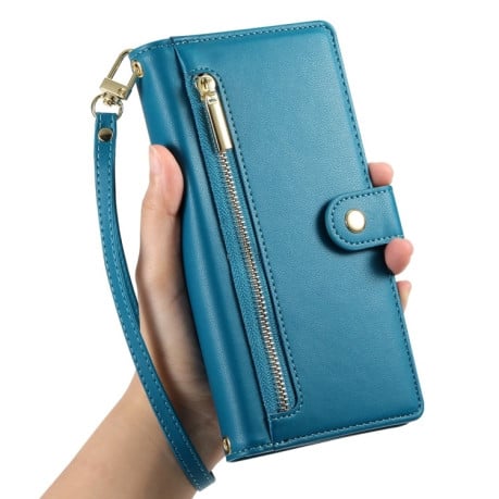 Чехол-кошелек Nine Card-slot Zipper Wallet Bag Leatherдля Samsung Galaxy S24 FE 5G - синий