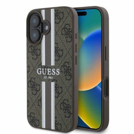 Оригинальный чехол Guess 4G Printed Stripes MagSafe для iPhone 16 - Brown