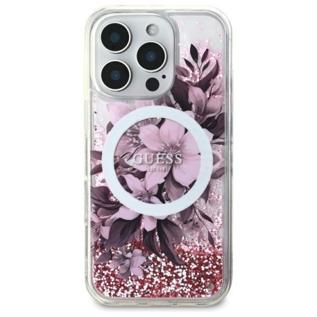 Оригінальний чохол Guess Liquid Glitter Flower MagSafe на iPhone 16 Pro Max - Pink