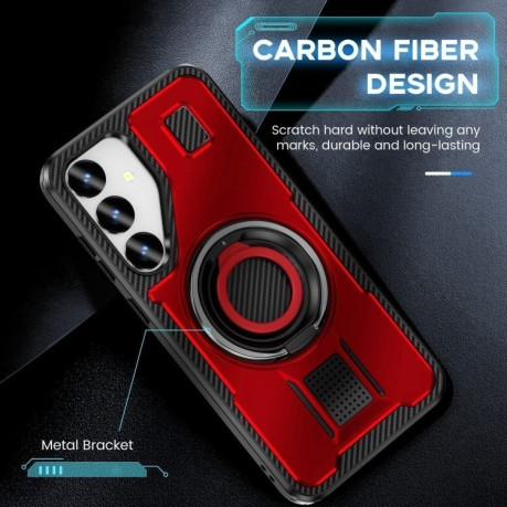 Противоударный чехол Ring Holder Carbon Fiber PC Hybrid TPU для Samsung Galaxy S25+ 5G - красный