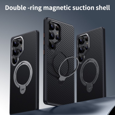 Чохол Double Ring MagSafe Holder Carbon Fibre  для Samsung Galaxy S25 Ultra 5G - сріблястий
