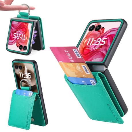 Противоударний чехол Litchi Texture Leather Ring Wallet на Motorola Razr 60 Ultra - зелений