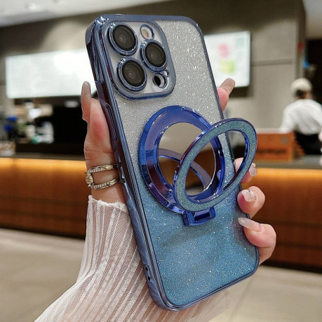 Чохол Plated Mirror Holder Gradient Glitter MagSafe на iPhone 16 Pro - синій