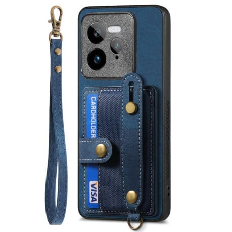 Противоударный чехол Retro Cross Wristband Wallet Leather для Realme GT 7 Pro - синий
