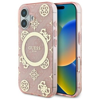 Оригинальный чехол Guess IML Peony On 4G Background MagSafe для iPhone 16 - Pink