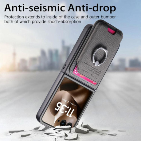 Противоударный чехол Twill Fabric Card Bag Ring Magnetic для Motorola Moto Razr 60 Ultra 5G - сірий