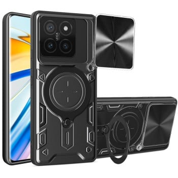 Чехол со шторкой камеры CD фактурой и подставкой на Xiaomi 14T 5G - черный