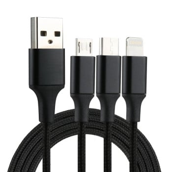 Універсальний зарядний кабель 2A 1.2m 3 in 1 USB to 8 Pin &amp; USB-C / Type-C &amp; Micro Nylon Weave Charging Cable - чорний