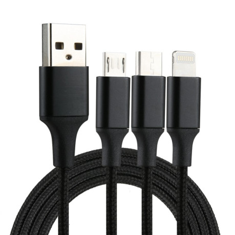 Универсальный Зарядный кабель 2A 1.2m 3 in 1 USB to 8 Pin &amp; USB-C / Type-C &amp; Micro USB Nylon Weave Charging Cable - черный