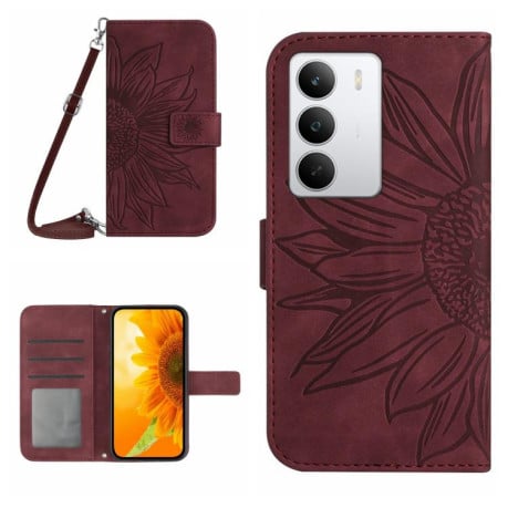 Чехол-книжка Skin Feel с рисунком подсолнуха на Realme C75 5G - винно-красный