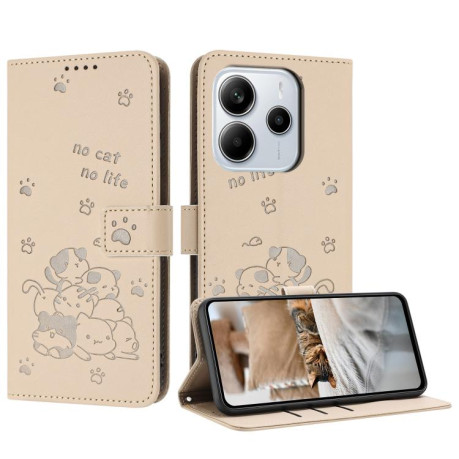 Чехол-книжка Embossed Kitten Phone Leather для Xiaomi Redmi Note 14 4G 164.84mm - бежевый