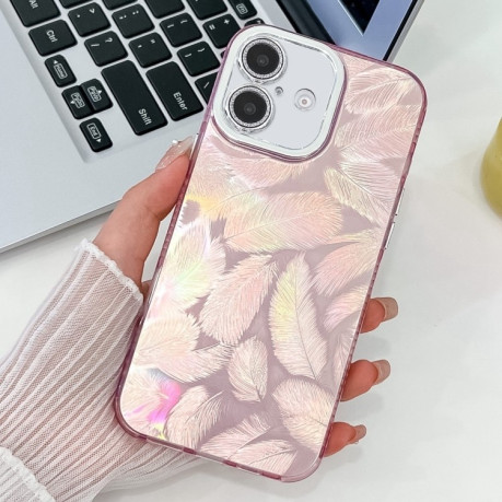 Противоударный чехол Plating Glitter Texture TPU with Lens Film для iPhone 16 Plus - Pink Feathers