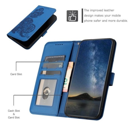 Чехол-книжка Embossed Flower Zipper Leather на Redmi Note 14 5G/Poco M7 Pro 5G - синий