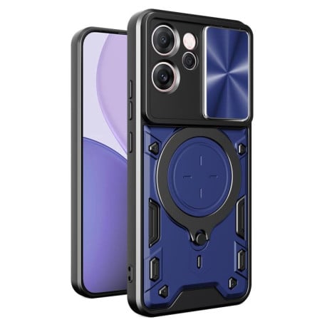 Чехол со шторкой камеры CD фактурой и подставкой на OPPO Reno14 F 5G Global - синий