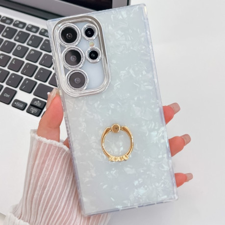 Протиударний чохол Plating Glitter Texture Ring Holder  для Samsung Galaxy S25 Ultra 5G - White Shell Pattern