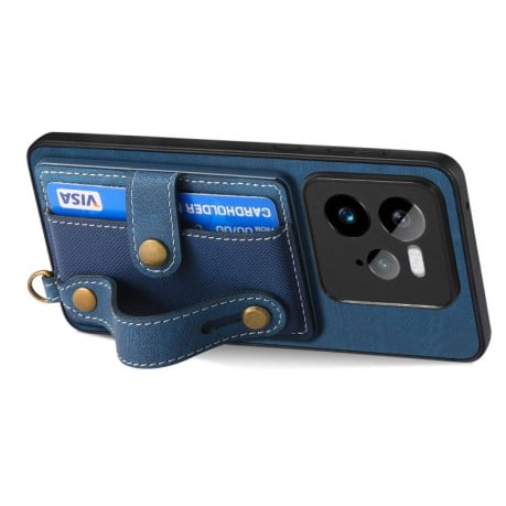 Противоударный чехол Retro Cross Wristband Wallet Leather для Realme GT 7 Pro - синий