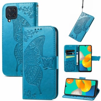 Чехол-книжка Butterfly Love Flowers Embossing на Samsung Galaxy M32/A22 4G - синий