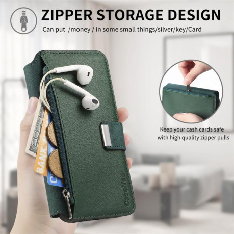 Чехол-книжка CaseNeo MagSafe RFID Anti-theft Zipper Wallet Retro Leather для Realme GT 7 Pro - зеленый